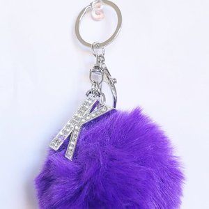Blinged Out "K" Initial Purple Poof Pom Pom Keychain